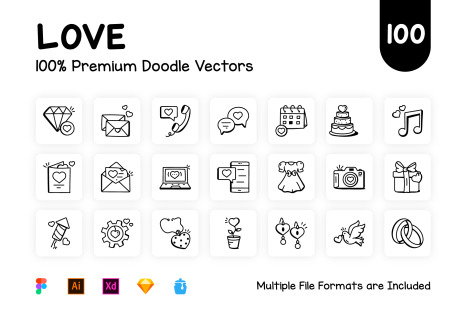 Pack of 100 Hand Drawn Love Icons