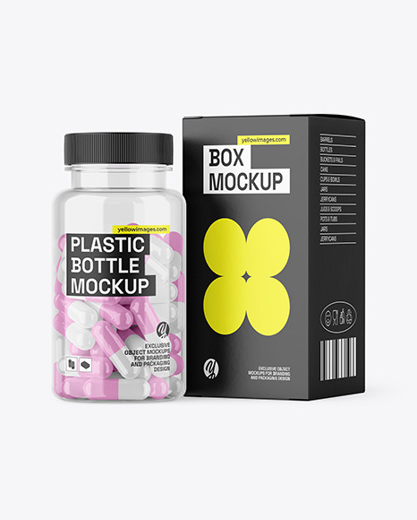 Clear Pills Bottle with Box Mockup