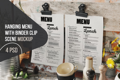 Hanging Menu With Binder Clip Vintage Scene Mockup