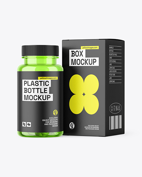 Colored Pills Bottle with Box Mockup