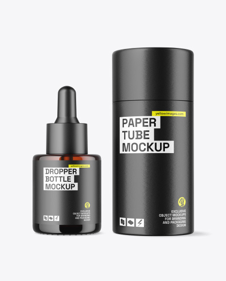 Amber Glass Dropper Bottle w\ Paper Tube Mockup