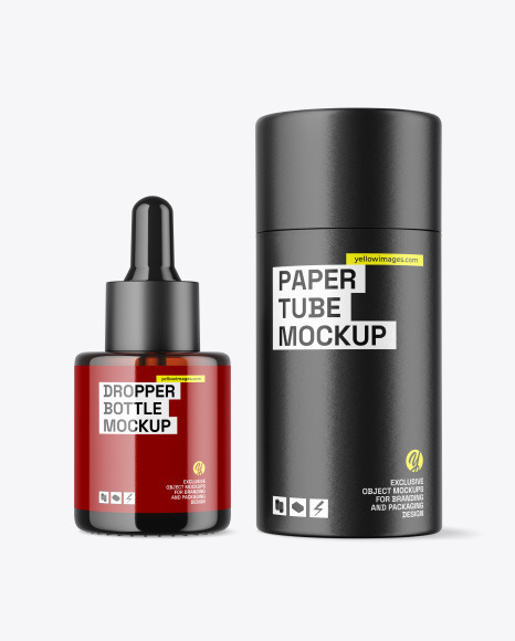 Amber Glass Dropper Bottle w\ Paper Tube Mockup