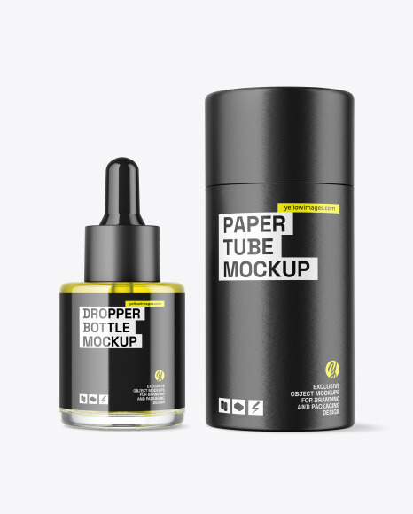 Clear Glass Oil Dropper Bottle w\ Paper Tub Mockup