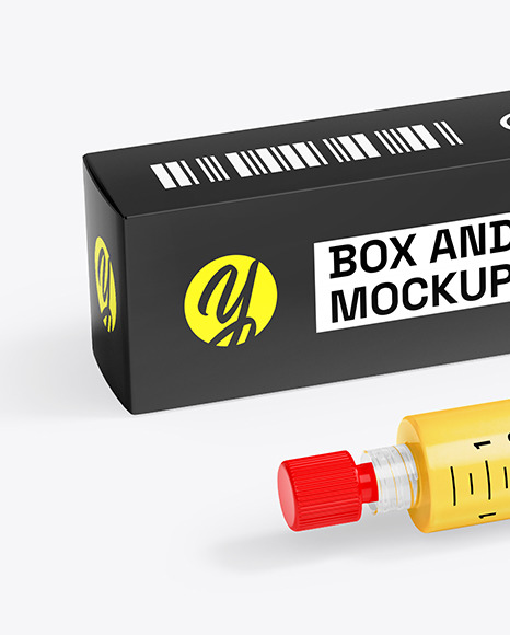 Syringe with Injection & Box Mockup