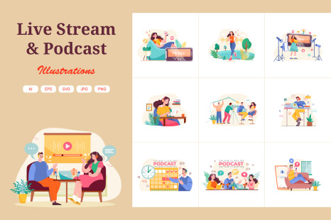 M498_Live Streaming &amp; Podcast Illustration Pack