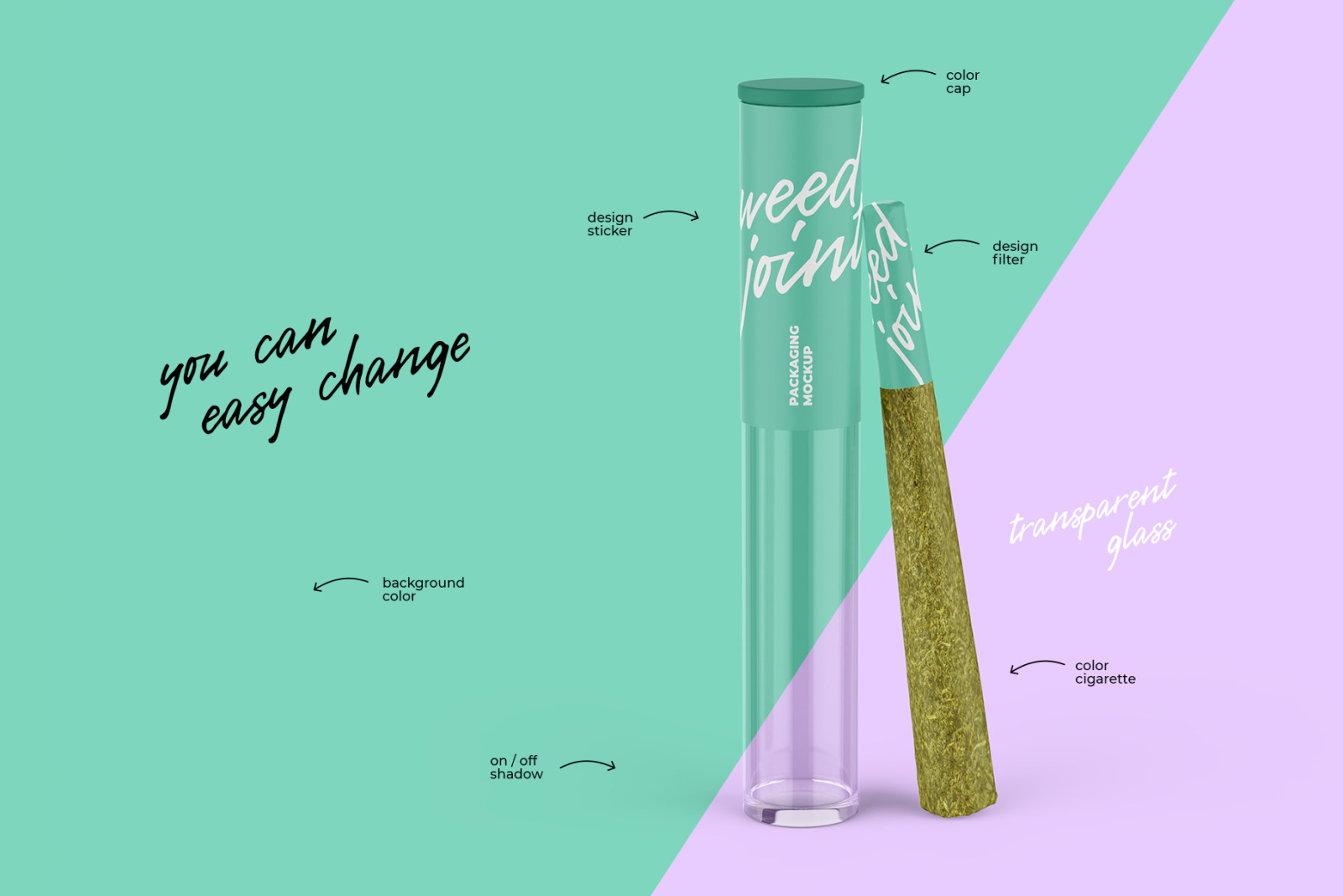 Weed Joint PreRoll Tube Mockup Front view on Yellow Images Creative Store