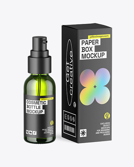 Green Glass Pump Bottle w\ Box Mockup