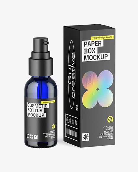 Blue Glass Pump Bottle w/ Box Mockup