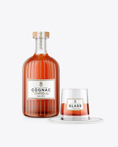 Cognac Bottle With Glass Mockup