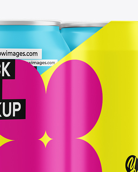 6 Matte Cans Pack in Shrink Wrap Mockup on Yellow Images Object Mockups