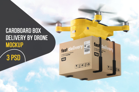 Cardboard Box Delivery By Drone Mockup