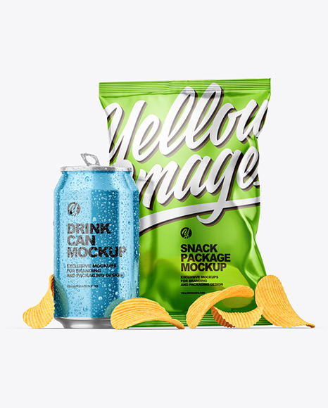 Glossy Metallic Drink Can w/ Drops and Chips Bag Mockup
