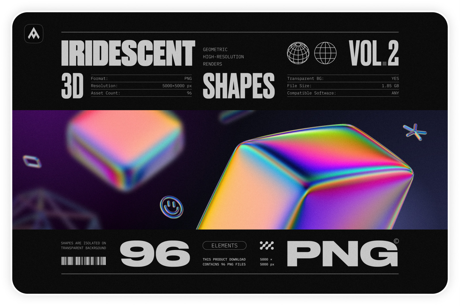 Iridescent geometric 3D shapes pack Vol.2