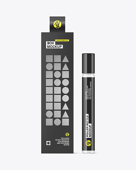 Clear Glass Cosmetic Roller Bottle w/ Box Mockup