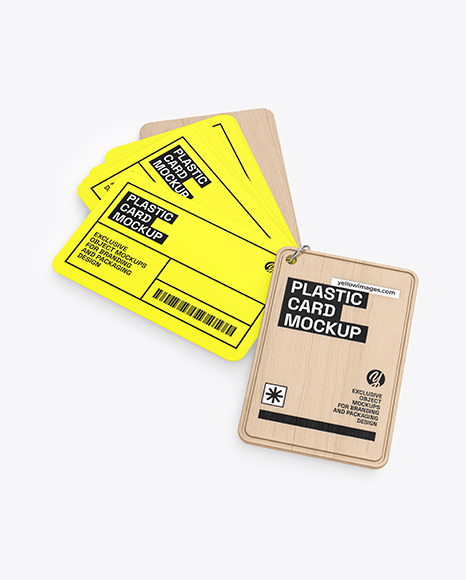 Plastic Cards Stack w/ Wooden Tag Mockup