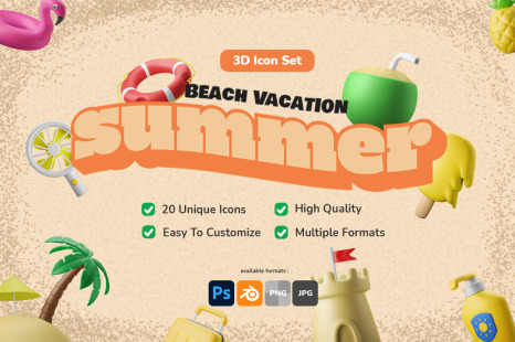3D Icon Illustration Set - Summer - Beach Vacation