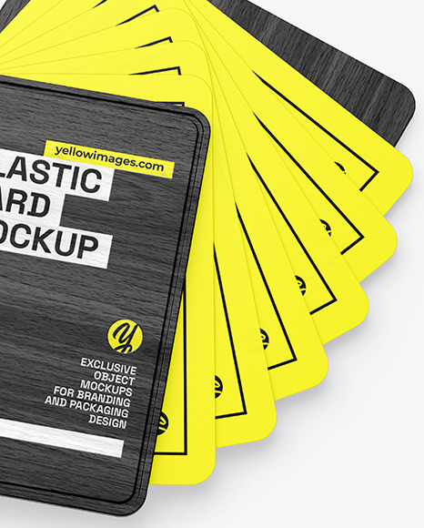 Plastic Cards Stack w/ Wooden Tag Mockup