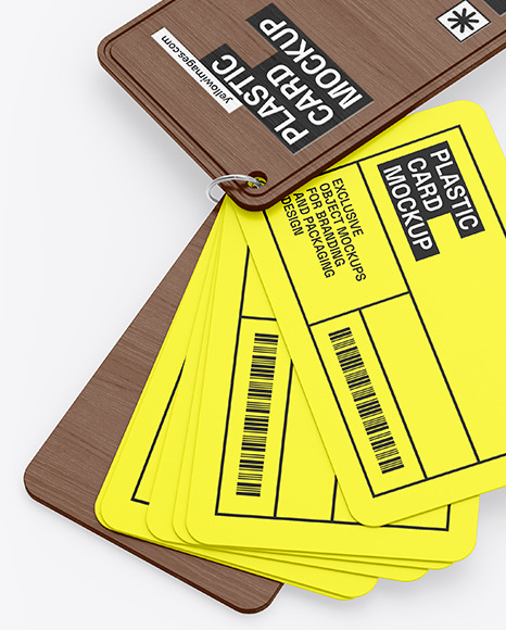 Plastic Cards Stack w/ Wooden Tag Mockup
