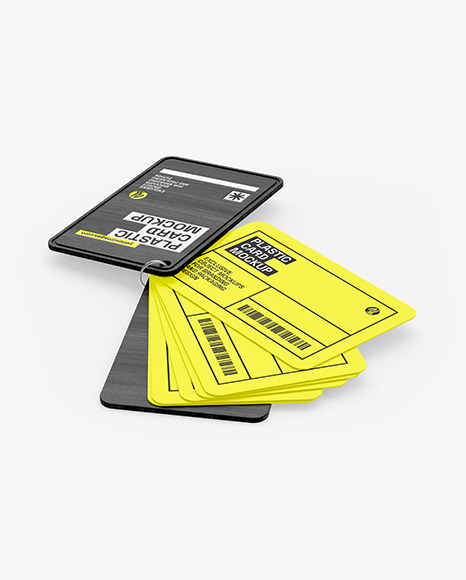 Plastic Cards Stack w/ Wooden Tag Mockup