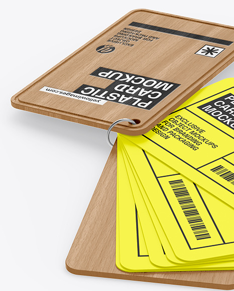 Plastic Cards Stack w/ Wooden Tag Mockup