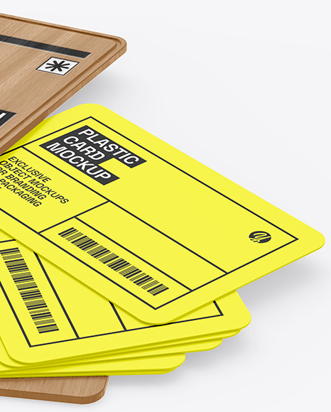 Plastic Cards Stack w/ Wooden Tag Mockup