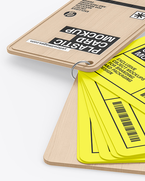 Plastic Cards Stack w/ Wooden Tag Mockup