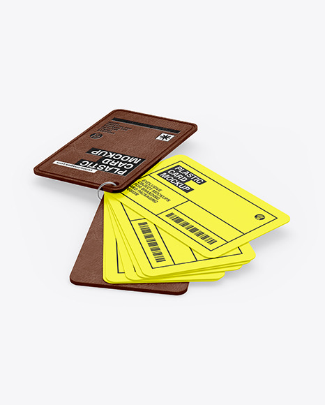 Plastic Cards Stack w/ Leather Tag Mockup