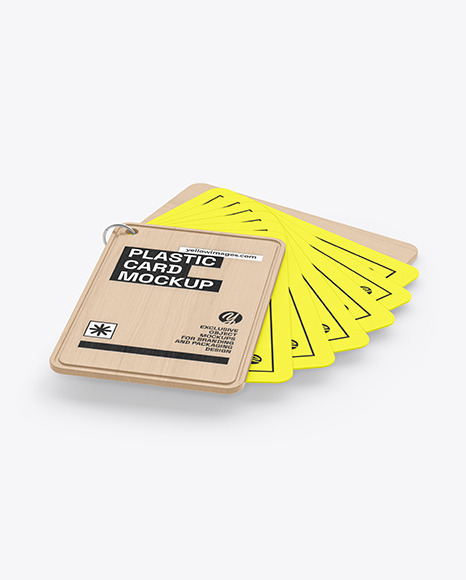Plastic Cards Stack w/ Wooden Tag Mockup