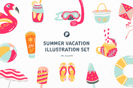 Hot Pink Bright and Cheerful Summer Vacation Illustration Set