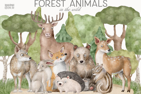 Forest animals and trees clipart