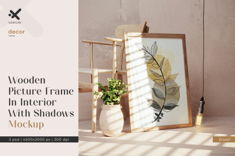 Wooden Picture Frame In Interior With Dark Shadows From Sunlight Mockup