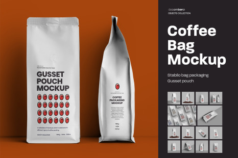 14 Coffee Bag Mockups. Side Gusset Pouch. Stabilo Packaging