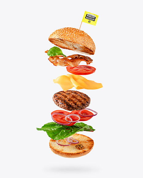 Flying Burger with Flag Mockup