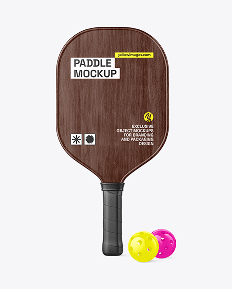 Dark Pickleball Wood Paddle &amp; Two Balls Mockup