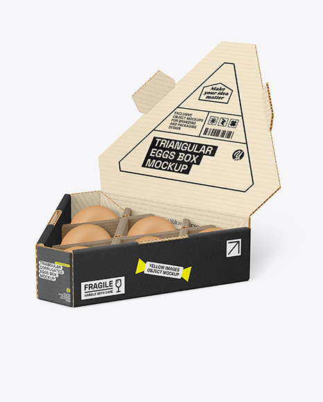 Opened Corrugated Triangular Box w/ Eggs Mockup