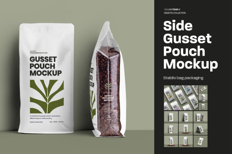 13 Side Gusset Bag Mockups. Stabilo Bag with Transparent Side