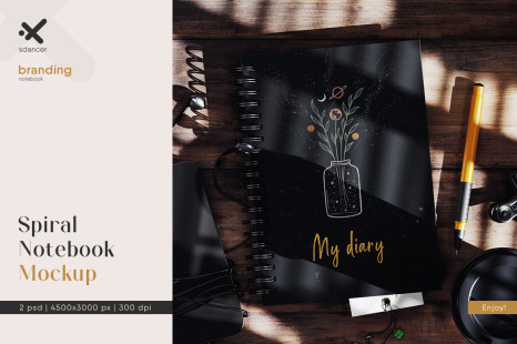 Spiral Notebook On Wooden Surface With Hard Shadow Mockup