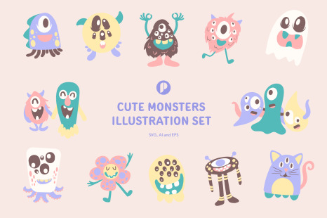 Colorful cute monsters illustration set