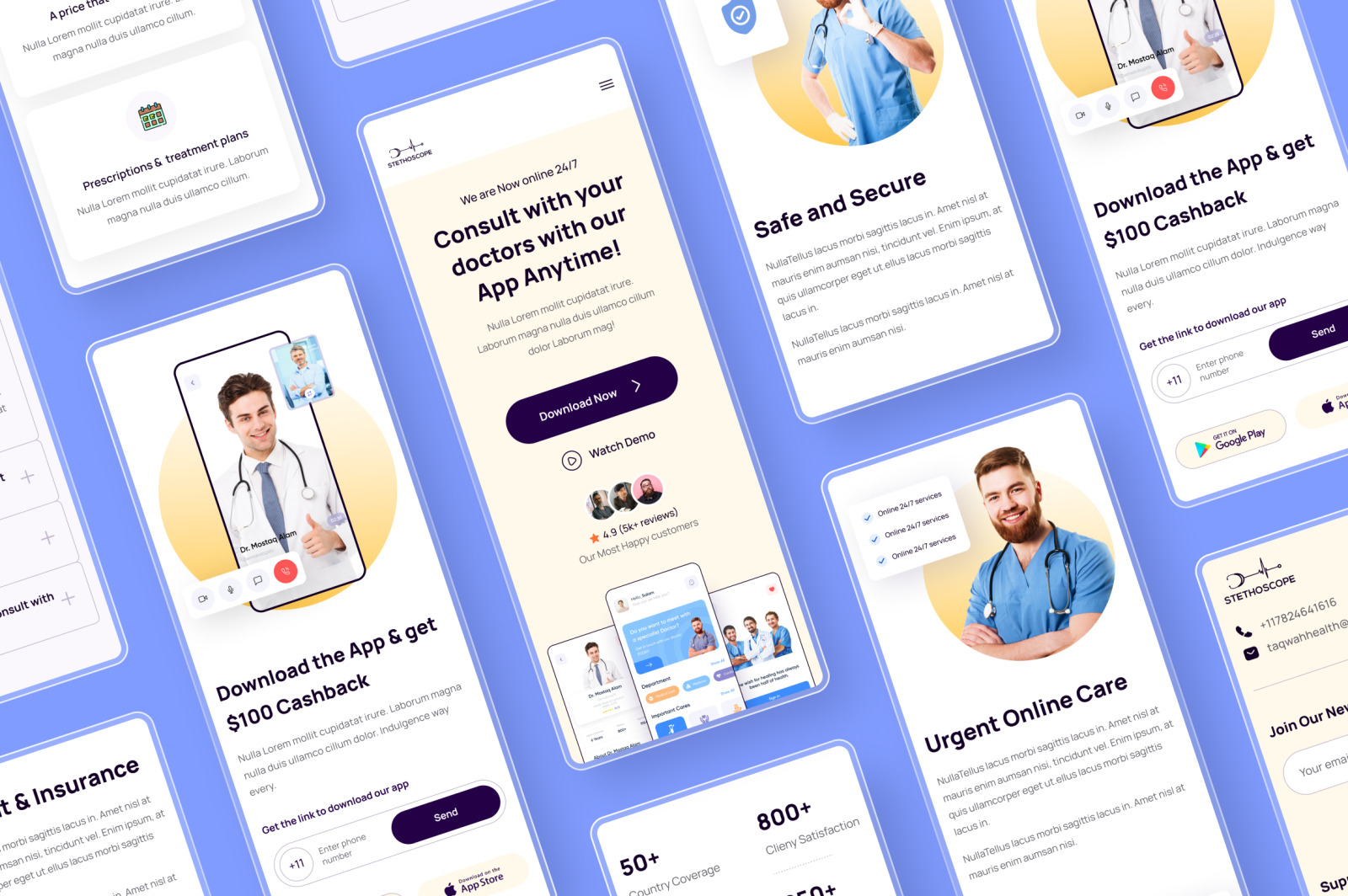Stethoscope Healthcare App Promotional Landing Page on Yellow Images