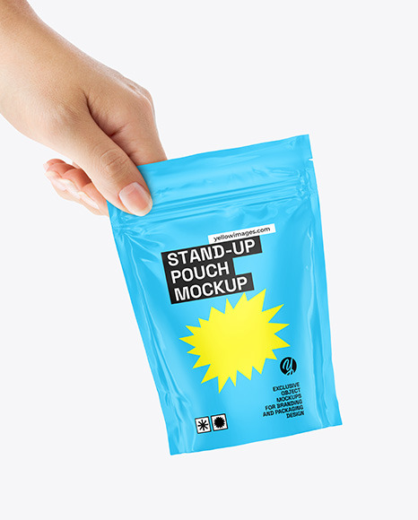 Glossy Stand Up Pouch in a Hand Mockup