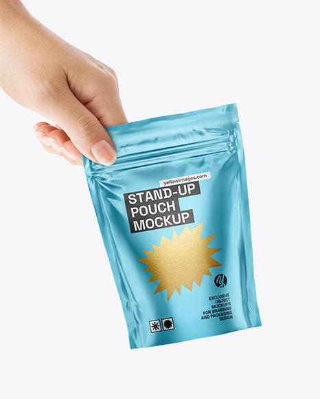 Matte Metallic Stand Up Pouch in a Hand Mockup