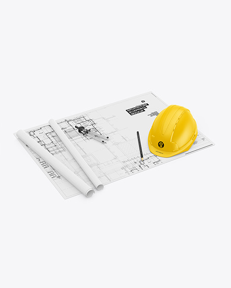 Blueprints With Hard Hat Mockup