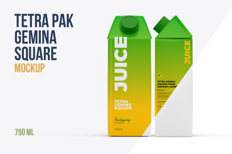 Tetra Gemina Square 750ml  Juice mockup - Front and Side View