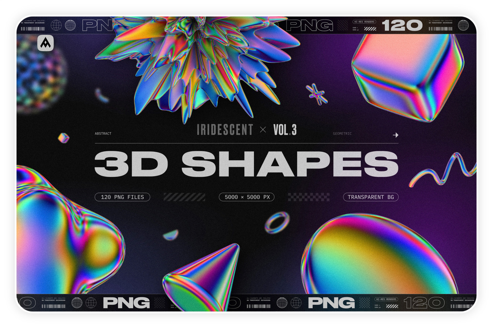 120 Iridescent geometric 3D shapes pack Vol.3