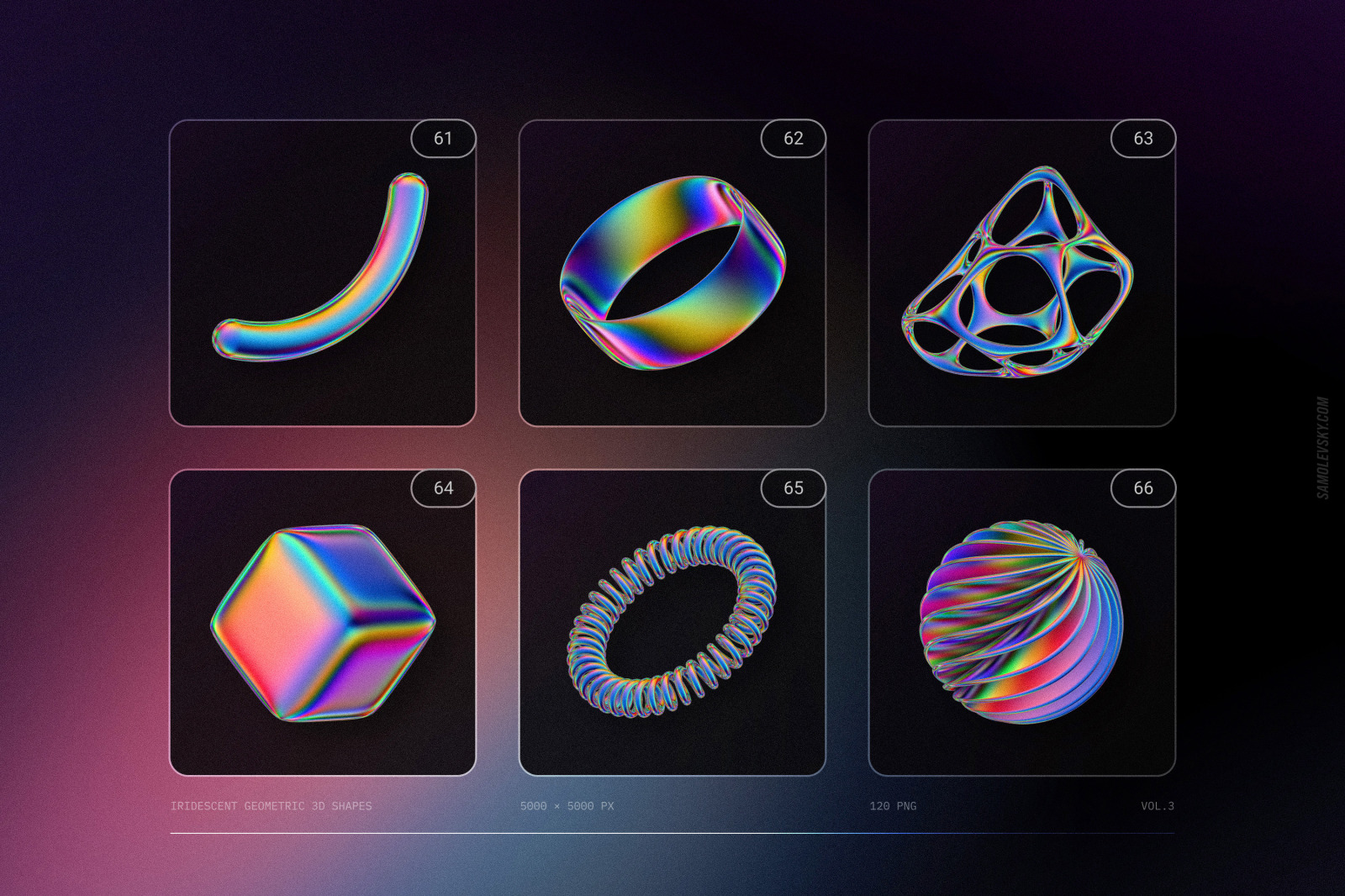 120 Iridescent geometric 3D shapes pack Vol.3