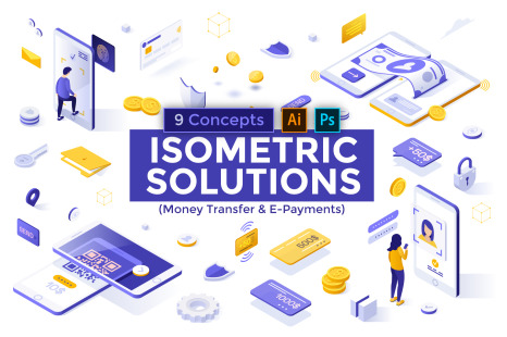 9 Isometric Templates. Money Transfer &amp; E-Payments