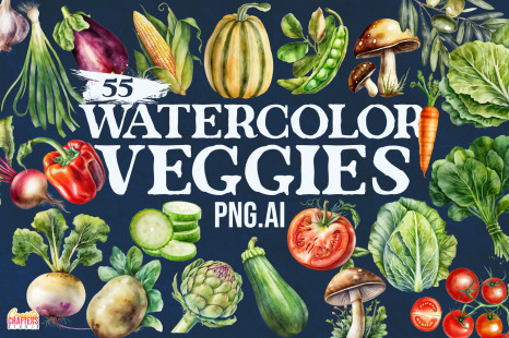 55 Vegetables Watercolor Clipart PNG | High-Quality Digital Illustrations