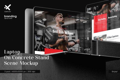 Laptop On A Concrete Stand Scene Mockup