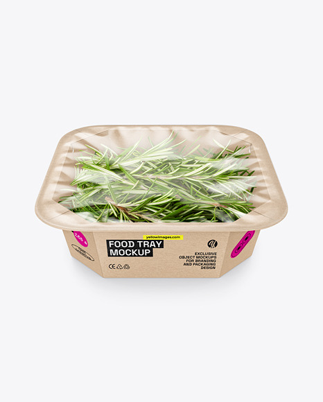 Kraft Paper Container w/ Fresh Rosemary and Transparent Film Cover Mockup