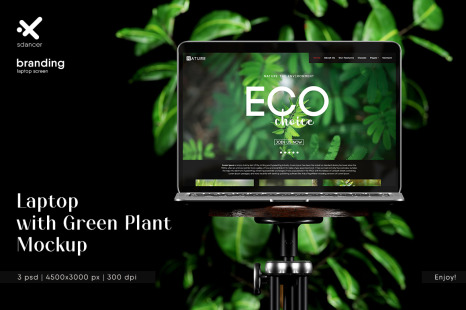 Laptop on Vintage Chair with Green Plant Mockup